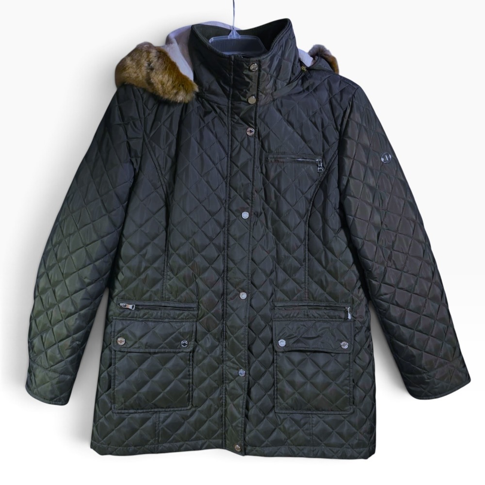 Calvin Klein Womens XL Quilted Parka Jacket Faux Fur Hood Dark Olive‎ Green